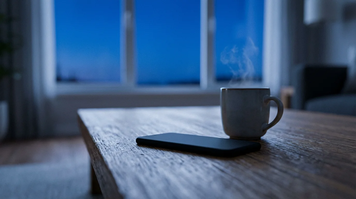Smartphone lying face down on a coffee table next to a steaming mug at twilight.