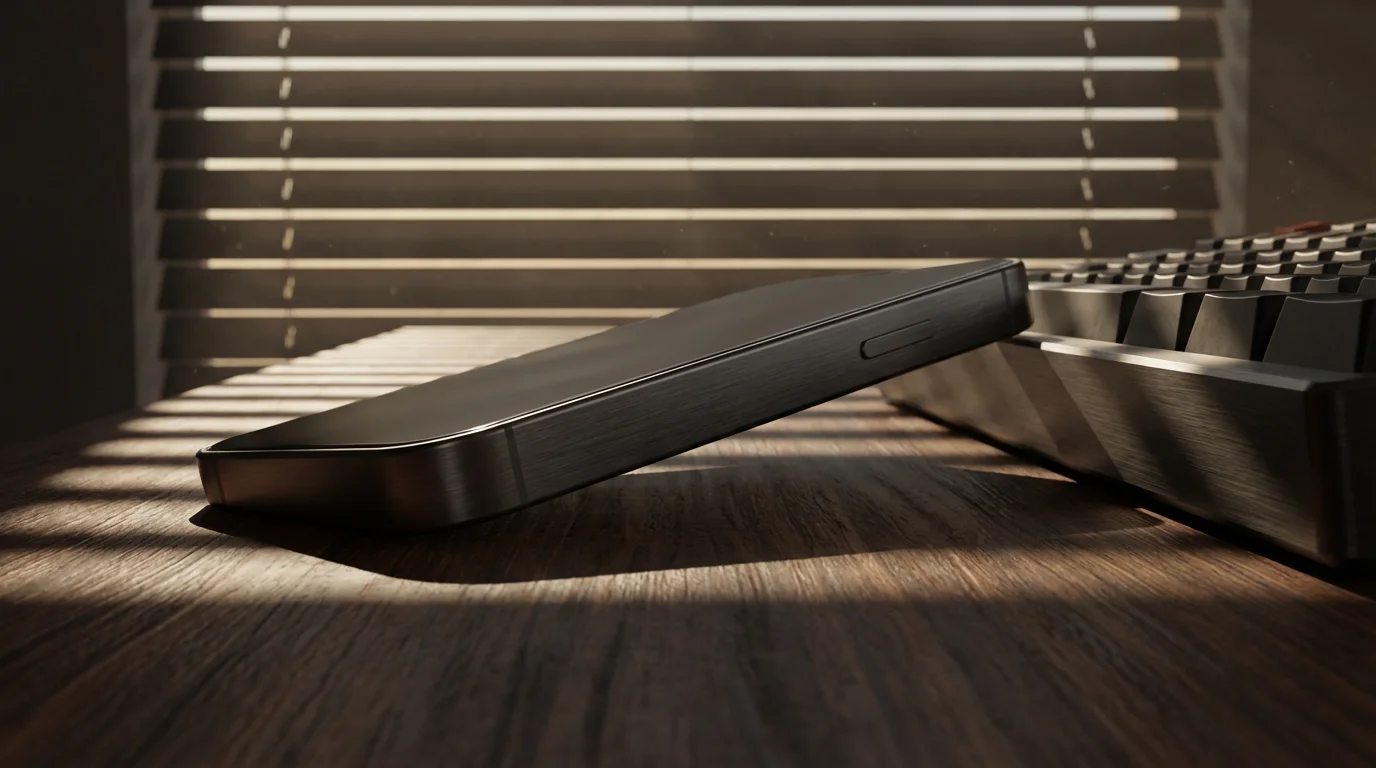 Smartphone lying face down on a dark wooden desk with dramatic moody lighting.