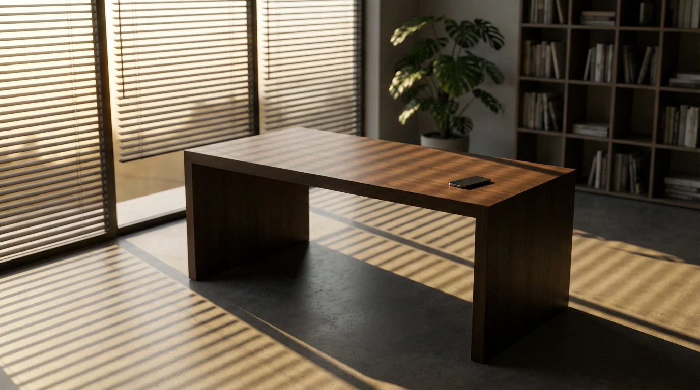 Smartphone lying face down on a desk in a shadowy, quiet home office.