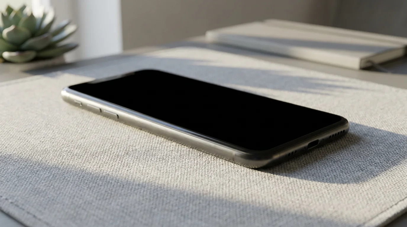 Smartphone lying face down on a textured desk mat in soft morning light.