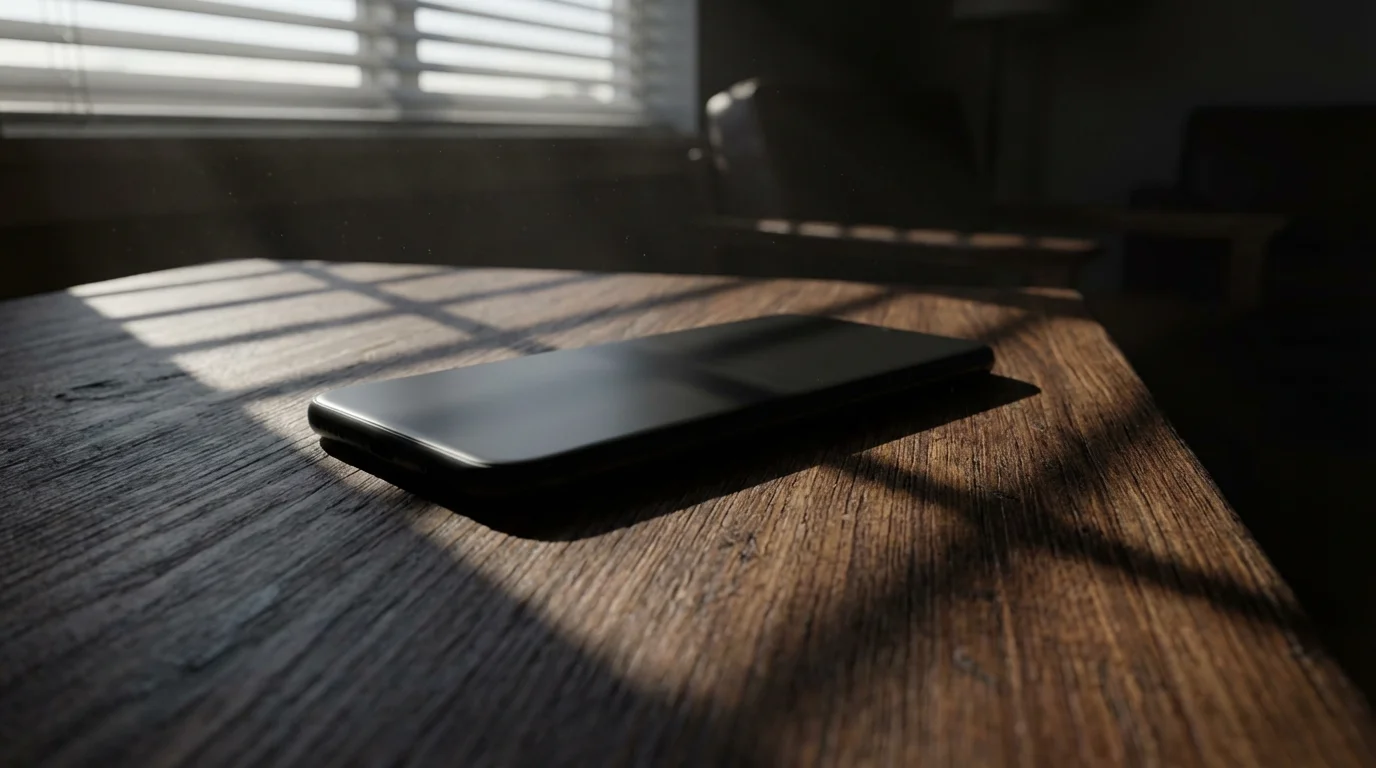 Smartphone lying face down on a wooden table in dramatic afternoon shadow.