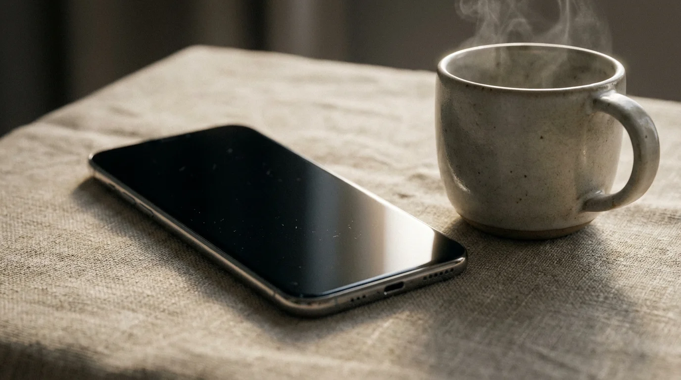 Smartphone lying face down on linen fabric next to a steaming ceramic mug.