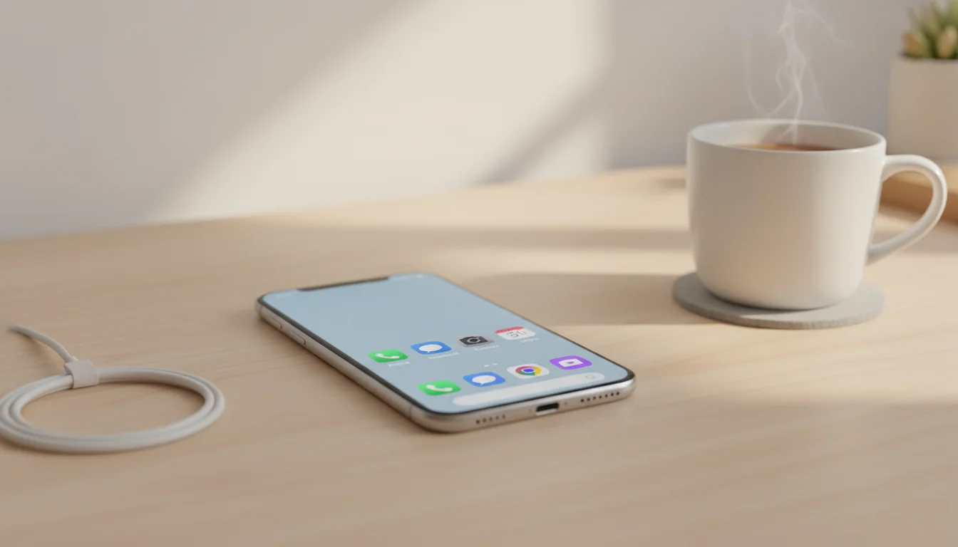 Smartphone with a minimalist home screen showing only essential apps like phone, messages, and calendar, resting on a clean desk.