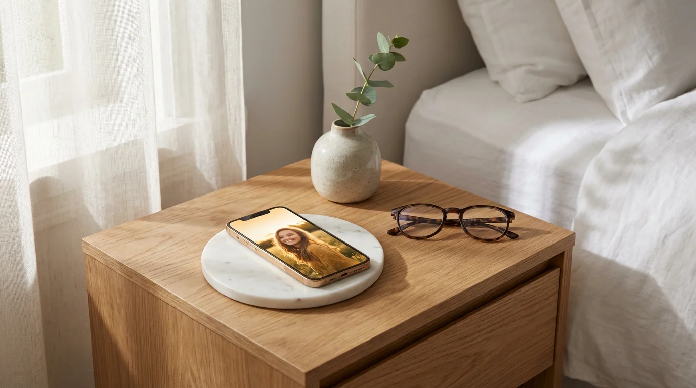 Smartphone on bedside table lighting up with a photo contact during quiet hours.