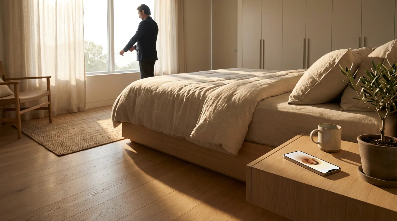 Smartphone on nightstand in sunlit bedroom with person getting ready in background.