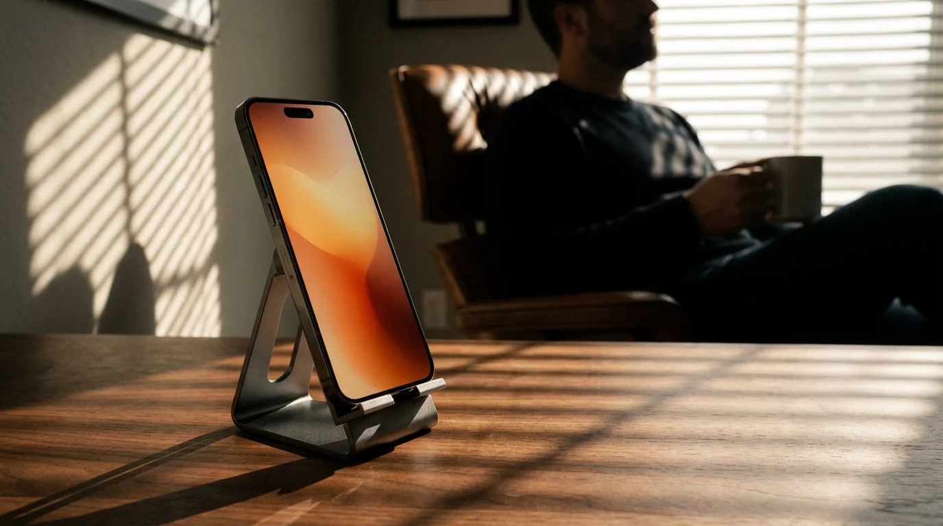 Smartphone on stand on desk with relaxed person in background during moody afternoon lighting.