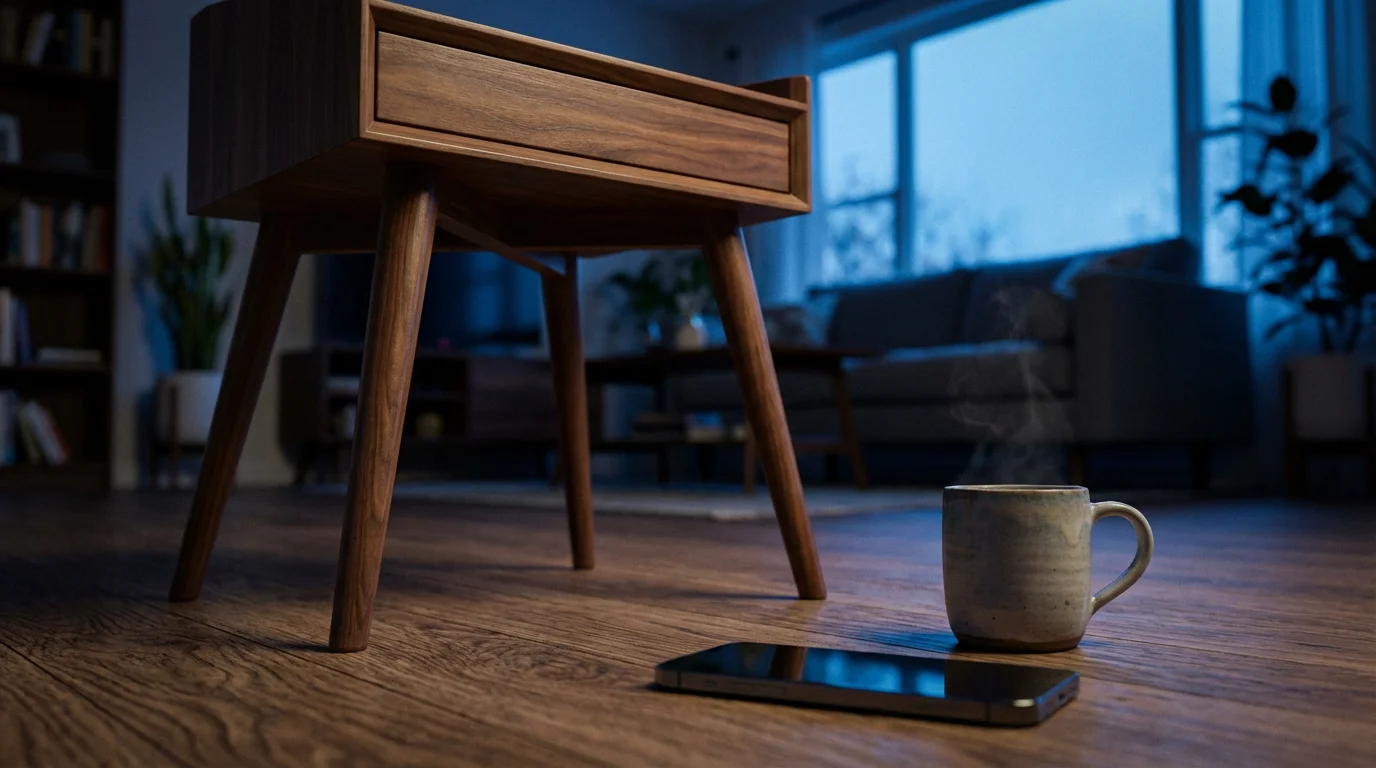 Smartphone placed face down on a table in a blue-lit room during the evening.