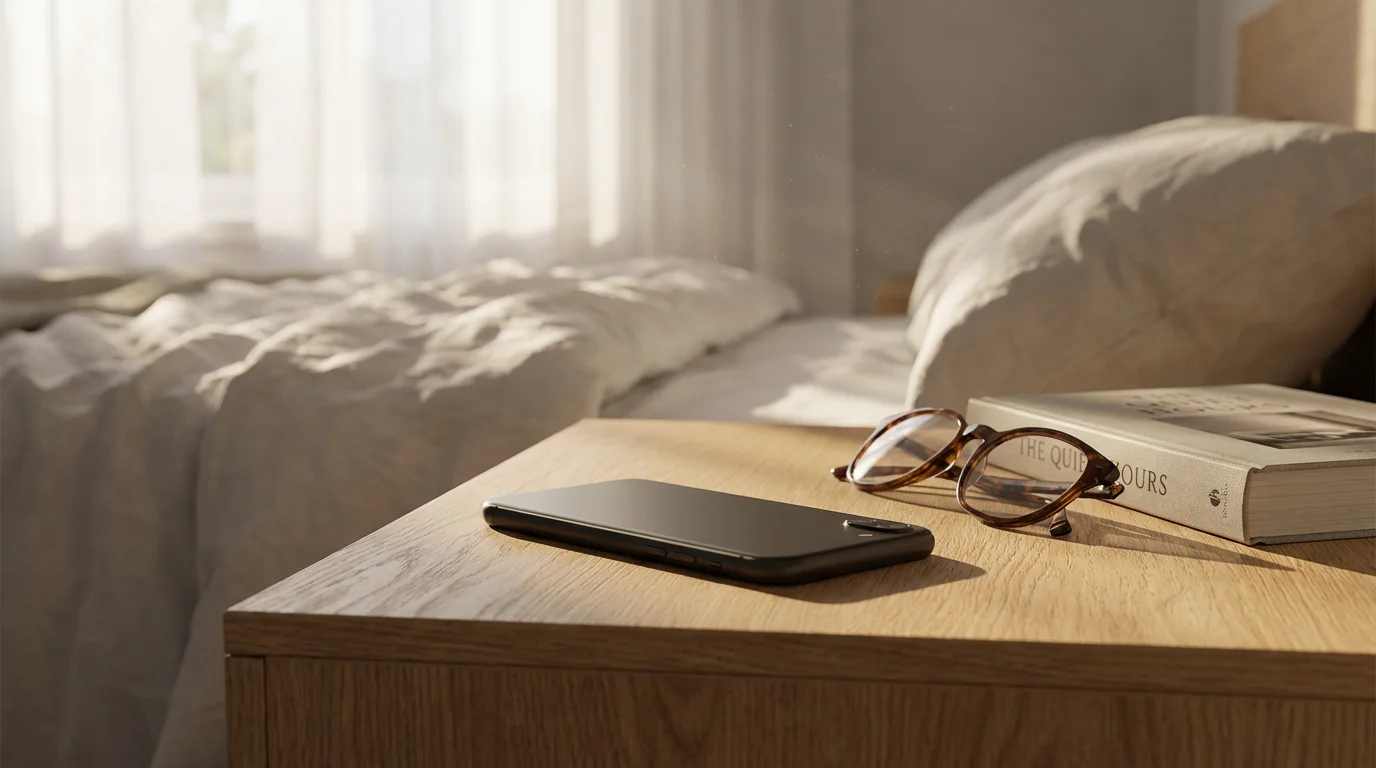 Smartphone resting face down on bedside table next to glasses in soft morning light.