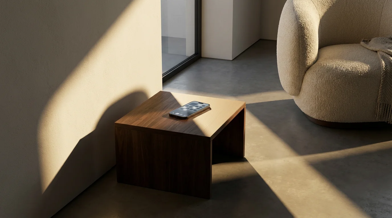 Smartphone resting on a shadowed wooden side table in a minimalist, high-contrast living room.