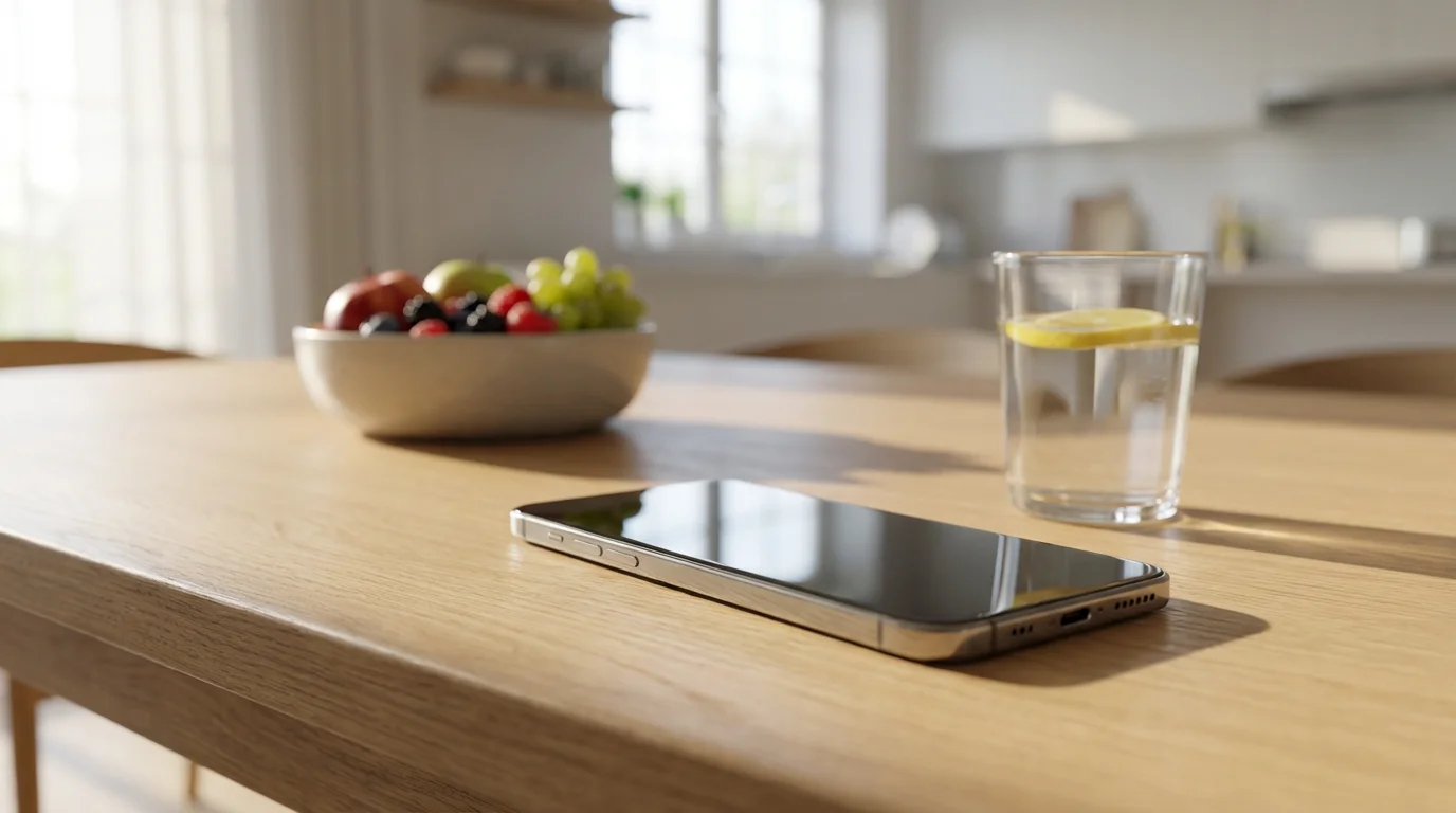 Smartphone resting on a wooden table next to fruit and water in sunlight.