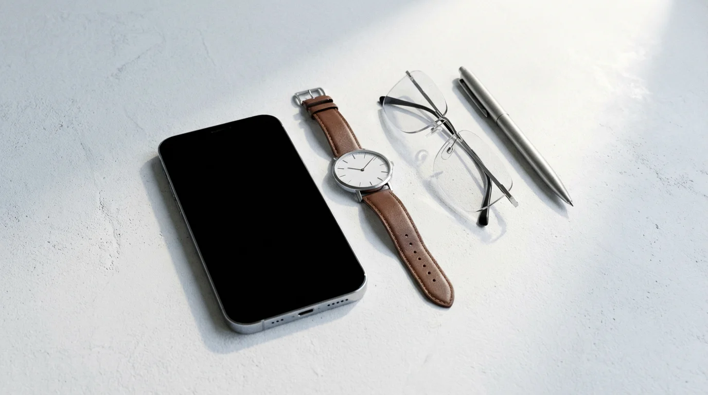 Smartphone, wristwatch, and glasses arranged neatly on a white concrete surface.