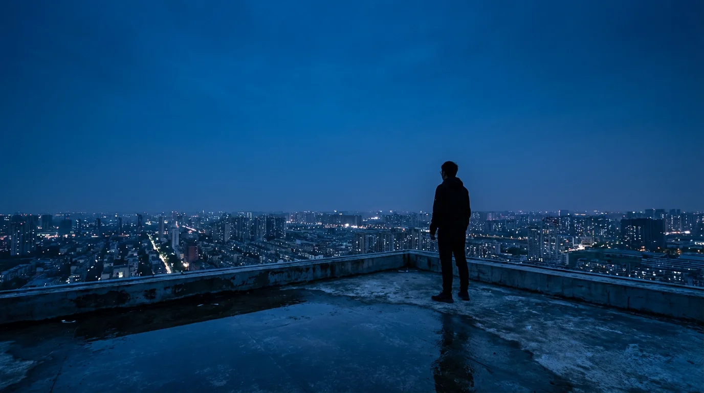 Solitary figure overlooking a vast blue hour city skyline, symbolizing goal commitment.