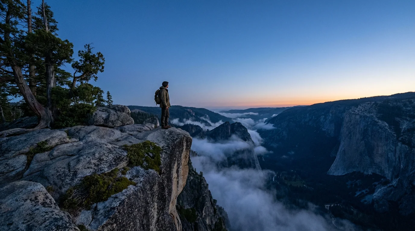 Solitary person overlooking vast canyon at blue hour representing mindset and resilience.