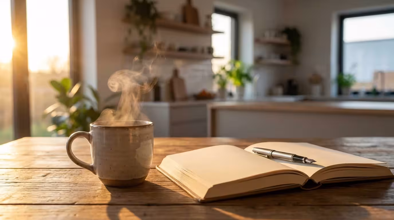 Steaming coffee cup next to an open journal on a wooden table during golden hour.