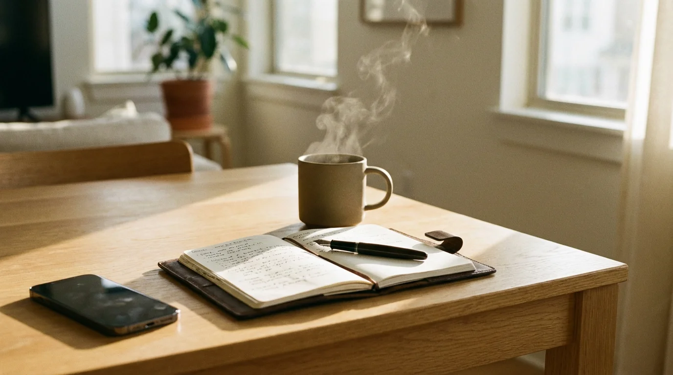 Steaming mug of tea next to a journal and a face-down smartphone on a wooden table.