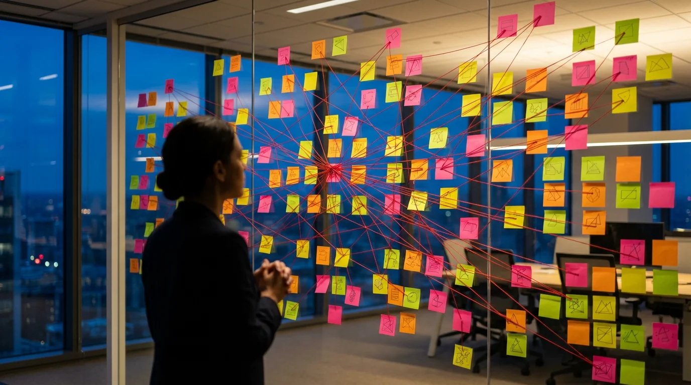 Sticky notes connected by string on a glass wall with city twilight background representing task dependencies.
