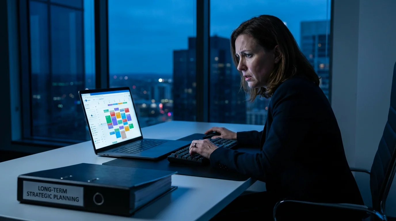 Stressed manager working late, calendar packed with meetings, neglecting strategic planning during blue hour.