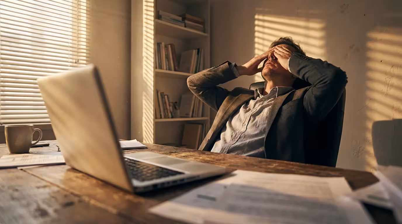 Stressed office worker rubbing eyes at desk in dramatic afternoon lighting.