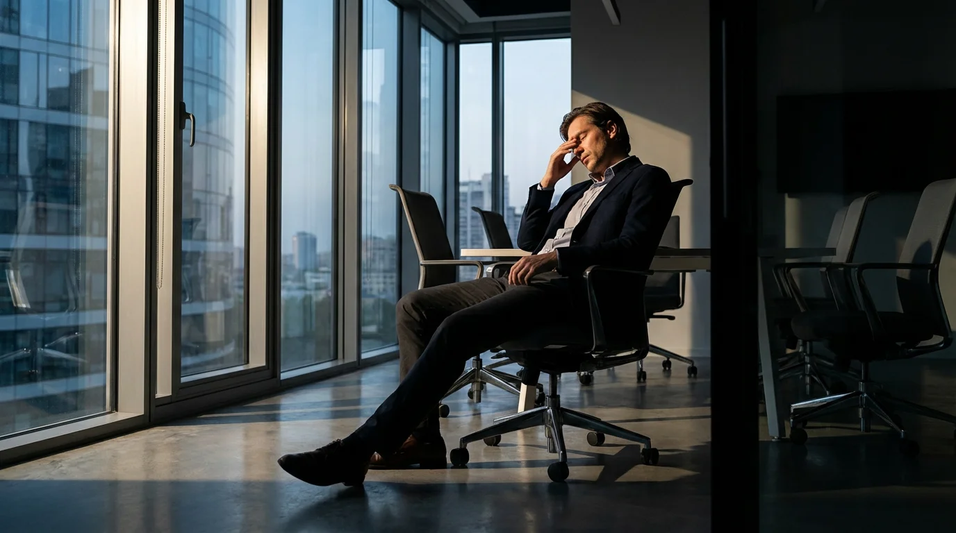 Stressed office worker rubbing forehead in a meeting room, overwhelmed by schedule.