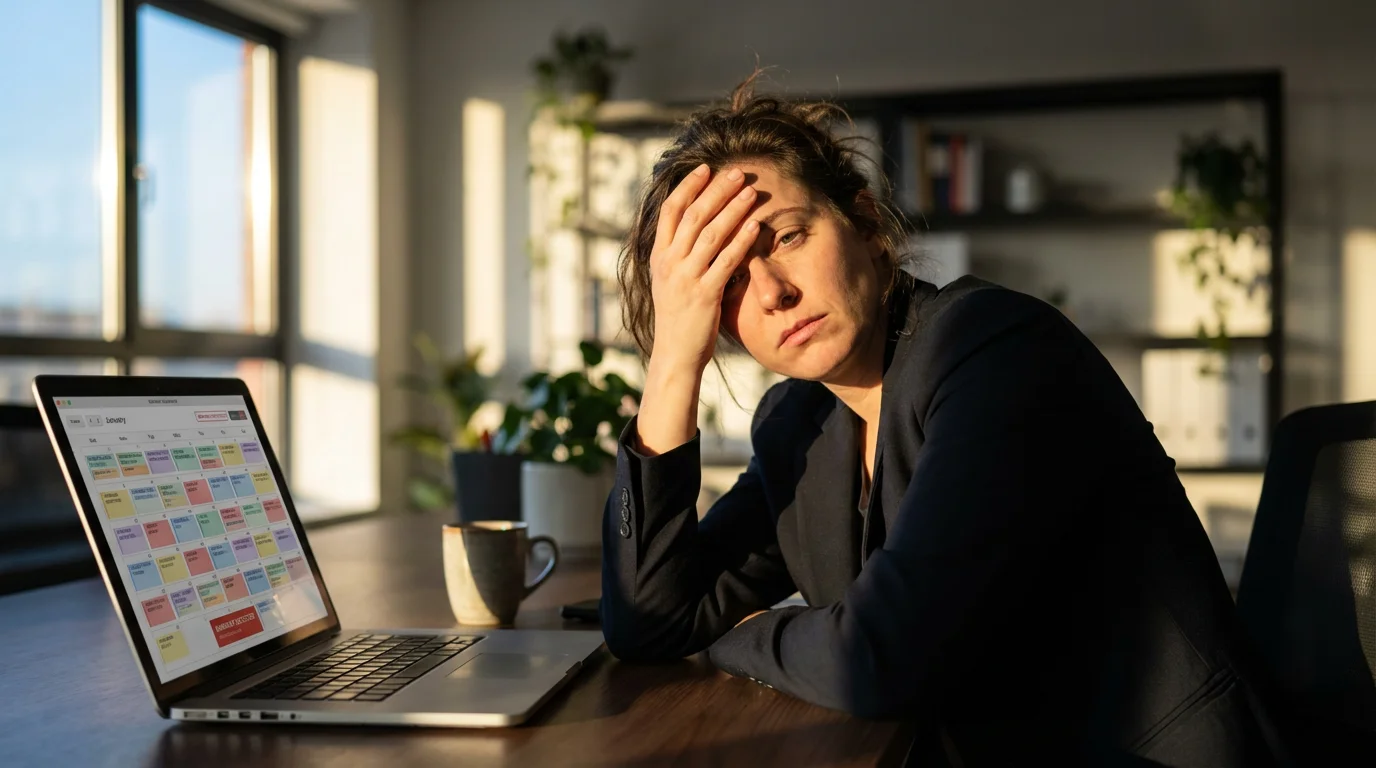 Stressed professional at a desk overwhelmed by a calendar dense with back-to-back virtual meetings.