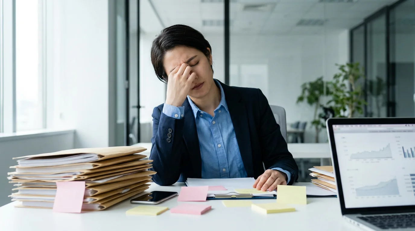 Stressed professional at cluttered desk feeling overwhelmed by piles of paperwork.