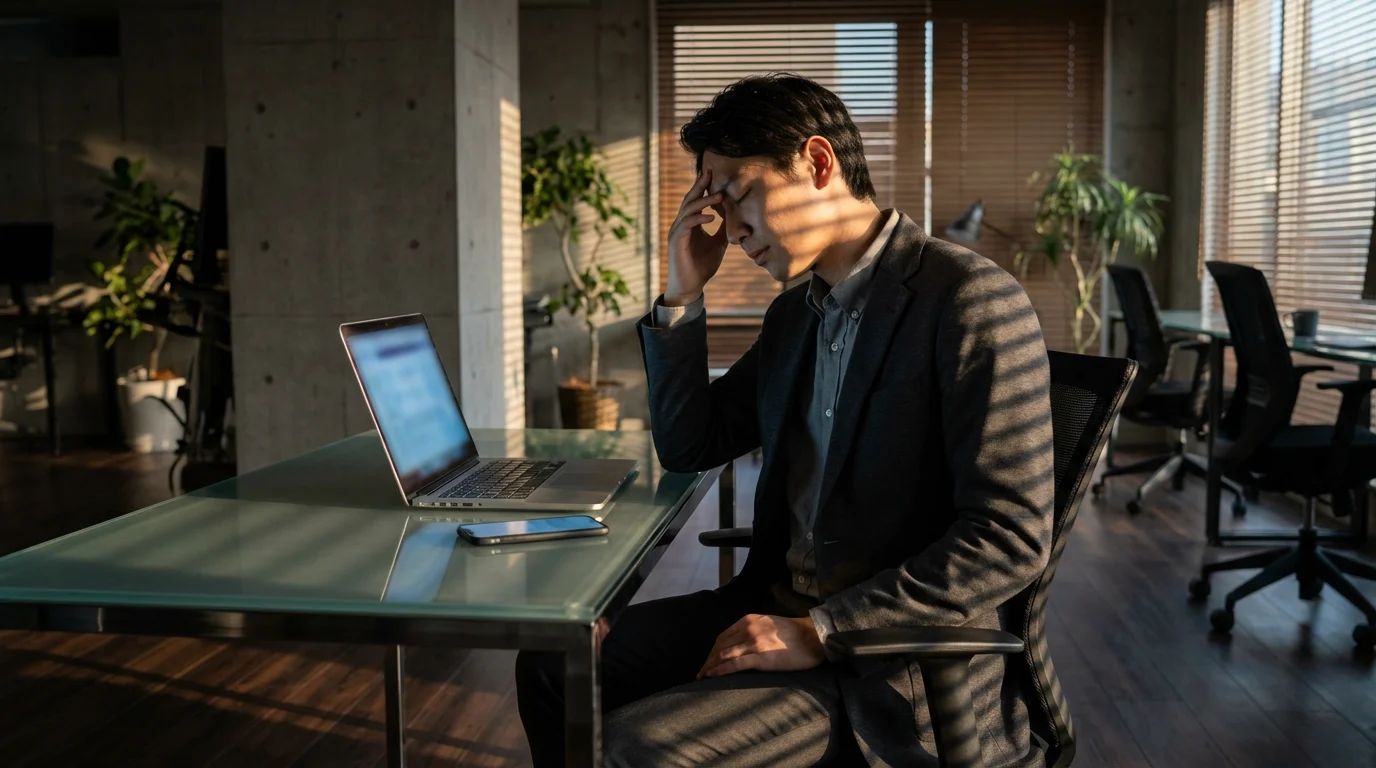 Stressed professional rubbing temples at desk with glowing devices in moody lighting