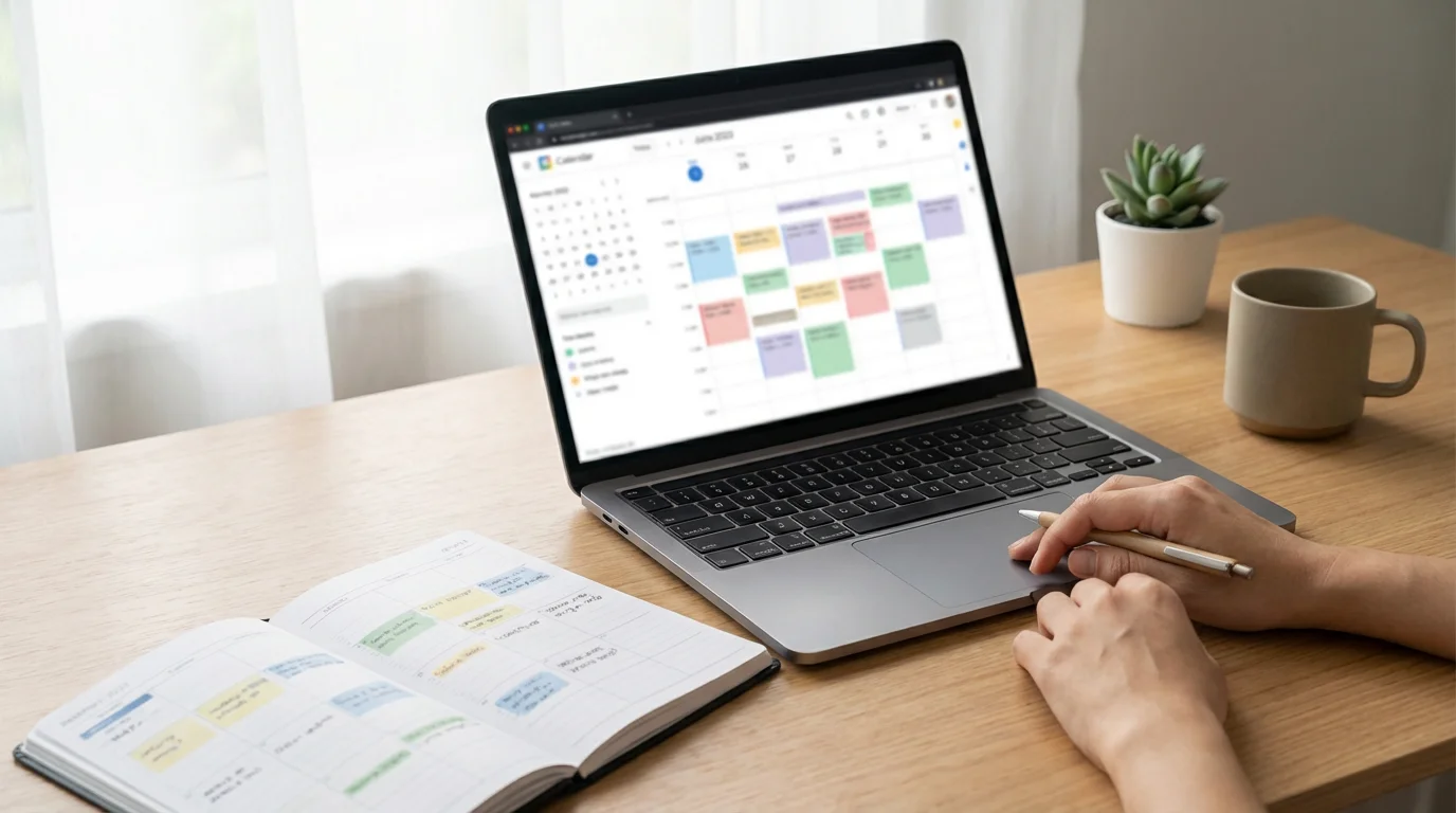 Structured time-blocked calendar visible on a modern laptop and physical planner under soft morning light.