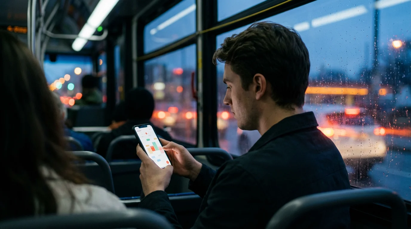 Student using phone to plan workload on a moving bus during blue hour.