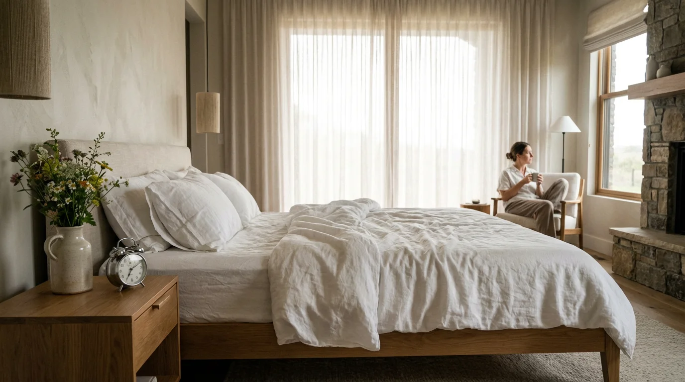 Sunlit bedroom sanctuary featuring an analog clock and a person relaxing without digital devices.