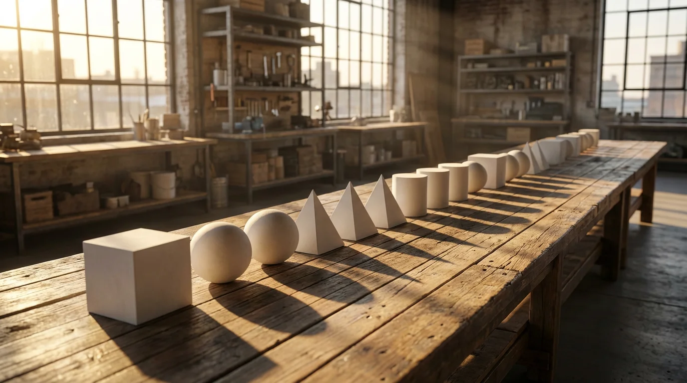 Sunlit creative studio with a row of identical geometric forms on a long wooden table.