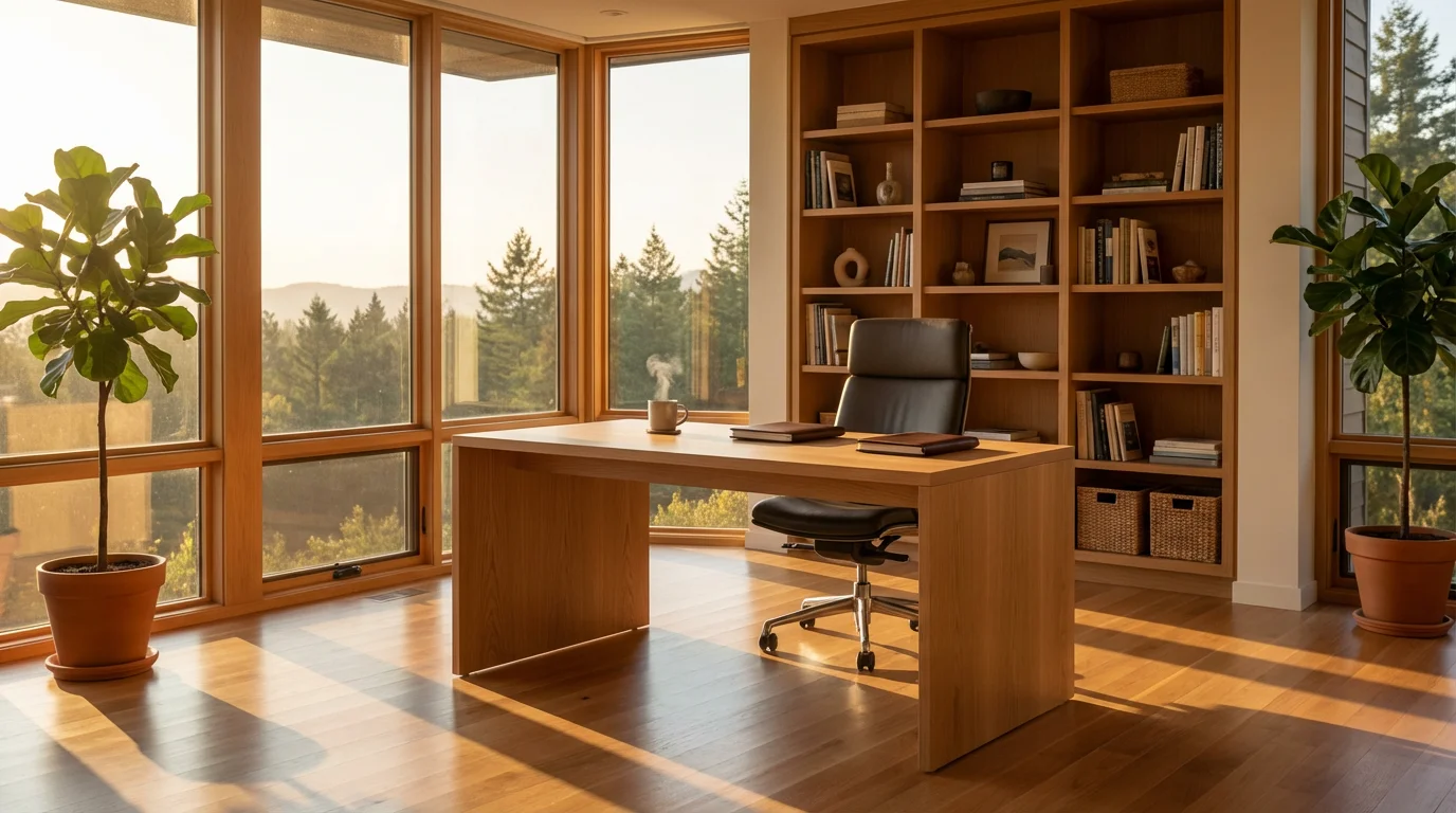 Sunlit home office interior with oak desk and plants during golden hour.
