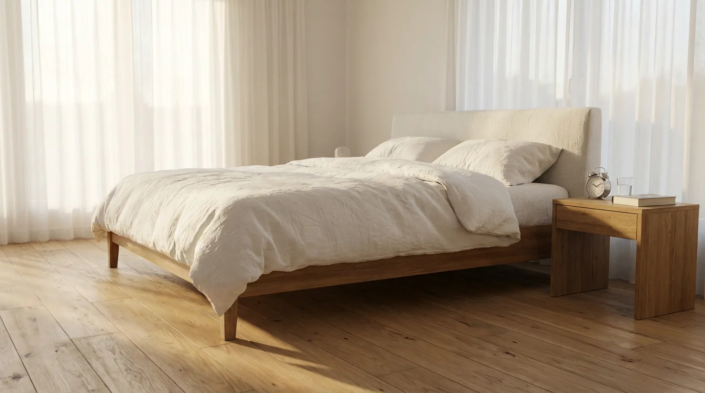 Sunlit minimalist bedroom with analog clock and book on nightstand, no technology visible.