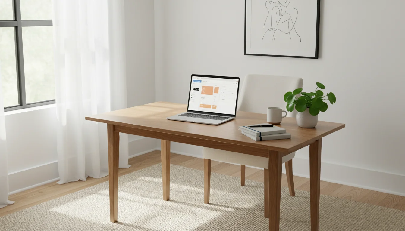 A sunlit minimalist home office desk with a laptop displaying a digital dashboard, a small green plant, a ceramic mug, and a journal.