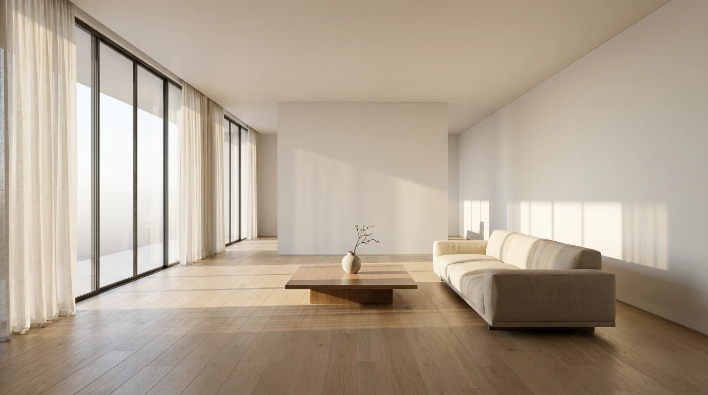 Sunlit minimalist living room with modern furniture and clutter-free open space.