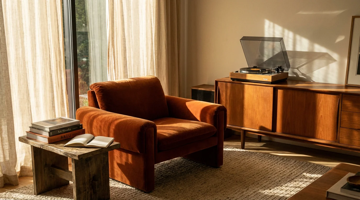 Sunlit reading nook with armchair, books, and record player in a screen-free living room.