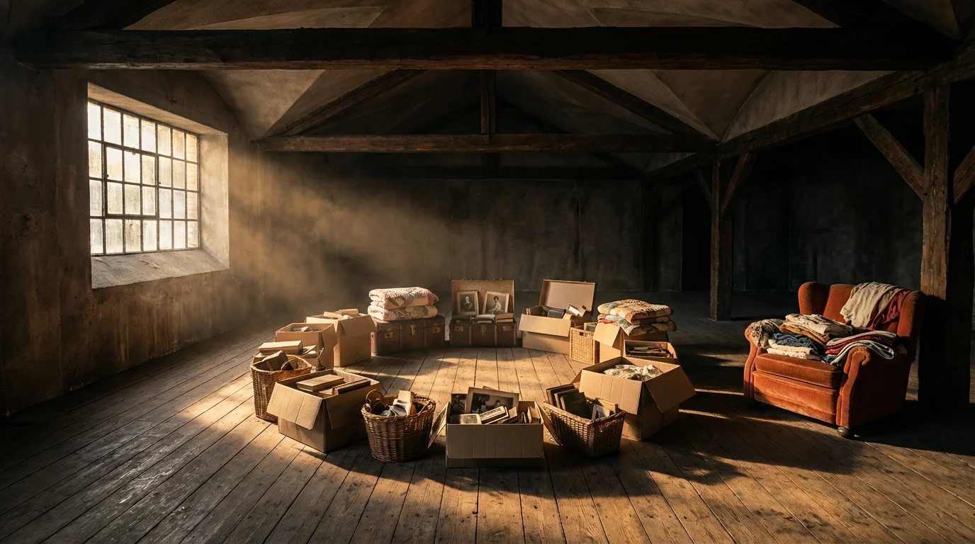 Sunlit room with boxes and baskets on floor during decluttering process afternoon light