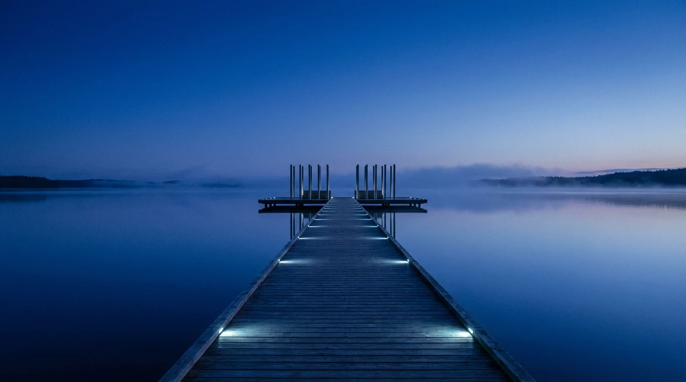 Symmetrical wooden boardwalk leading to a modern platform on a calm lake during blue hour.