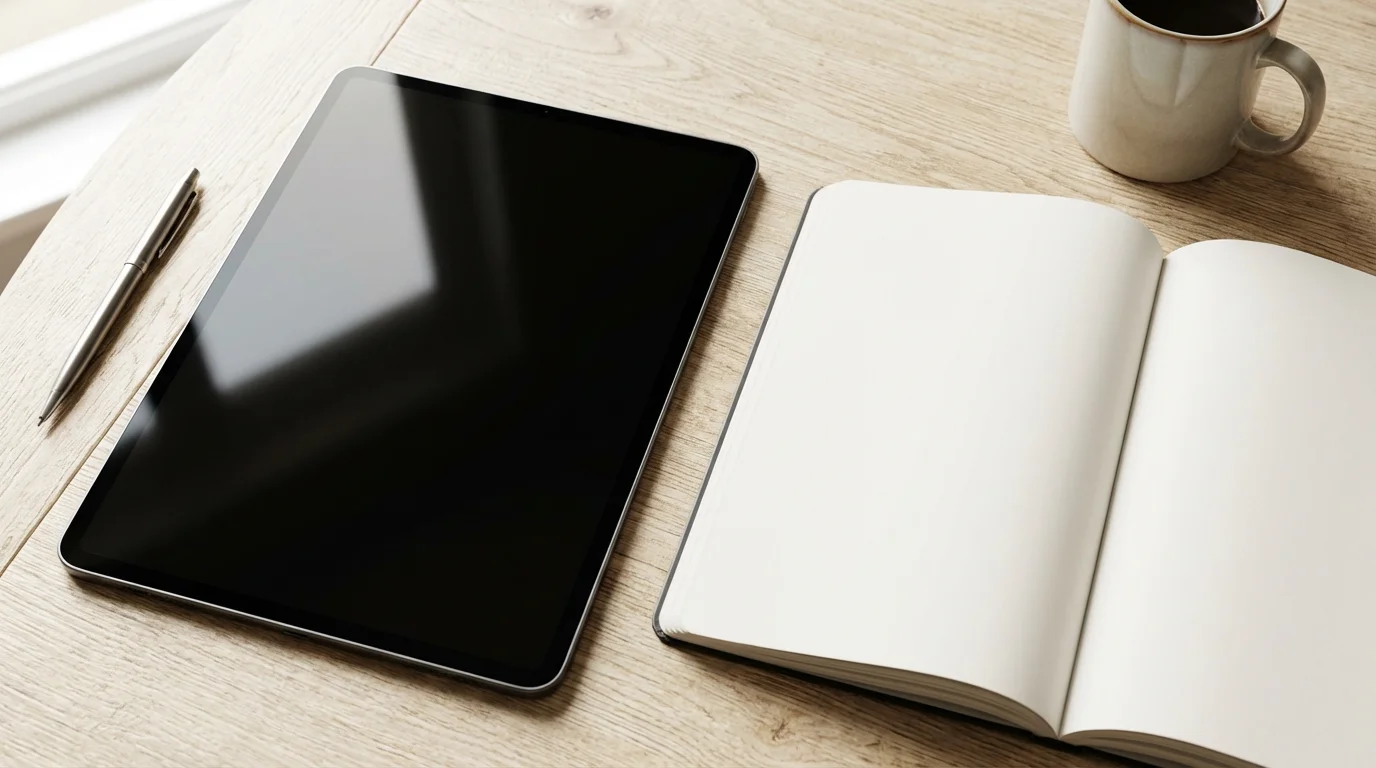 Tablet beside a blank paper notebook on a wooden desk