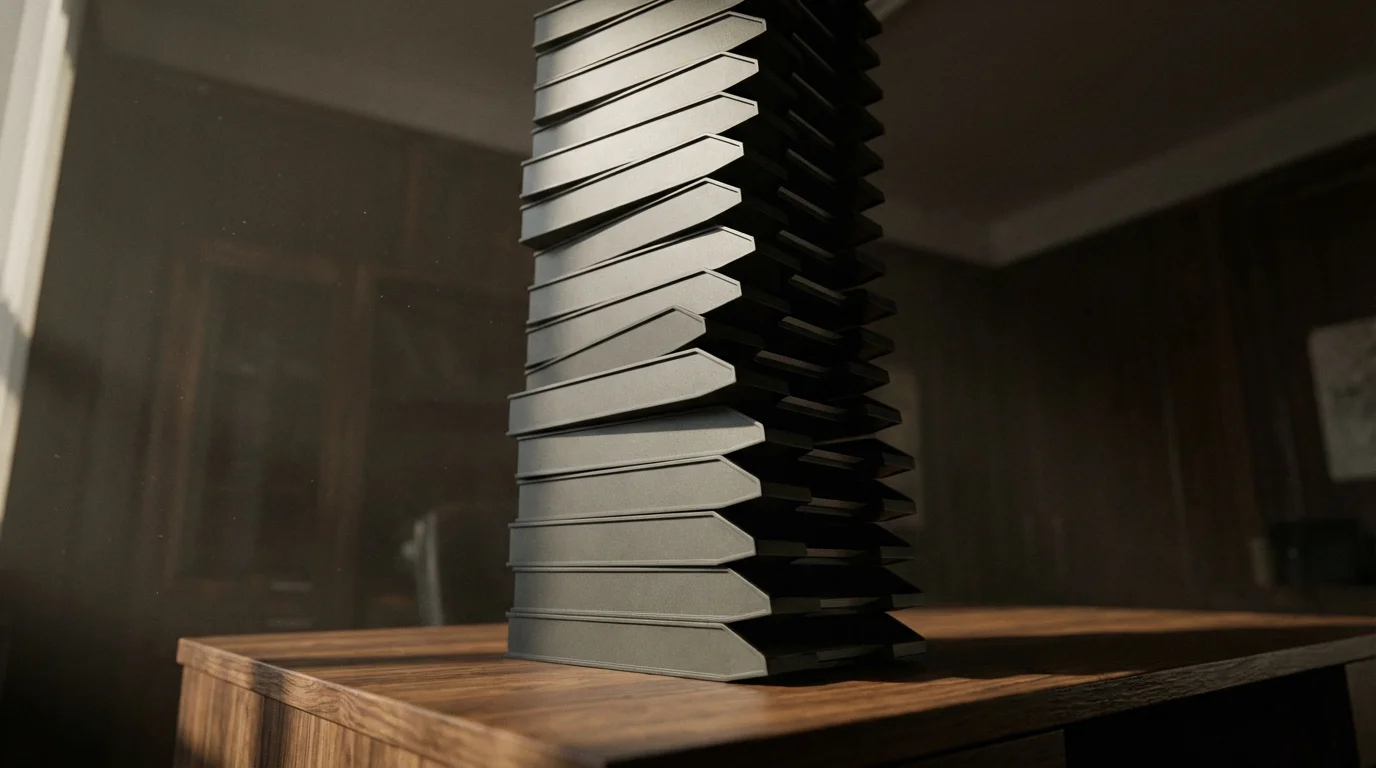 Tall stack of blank dark document trays on a wooden desk with dramatic shadows.