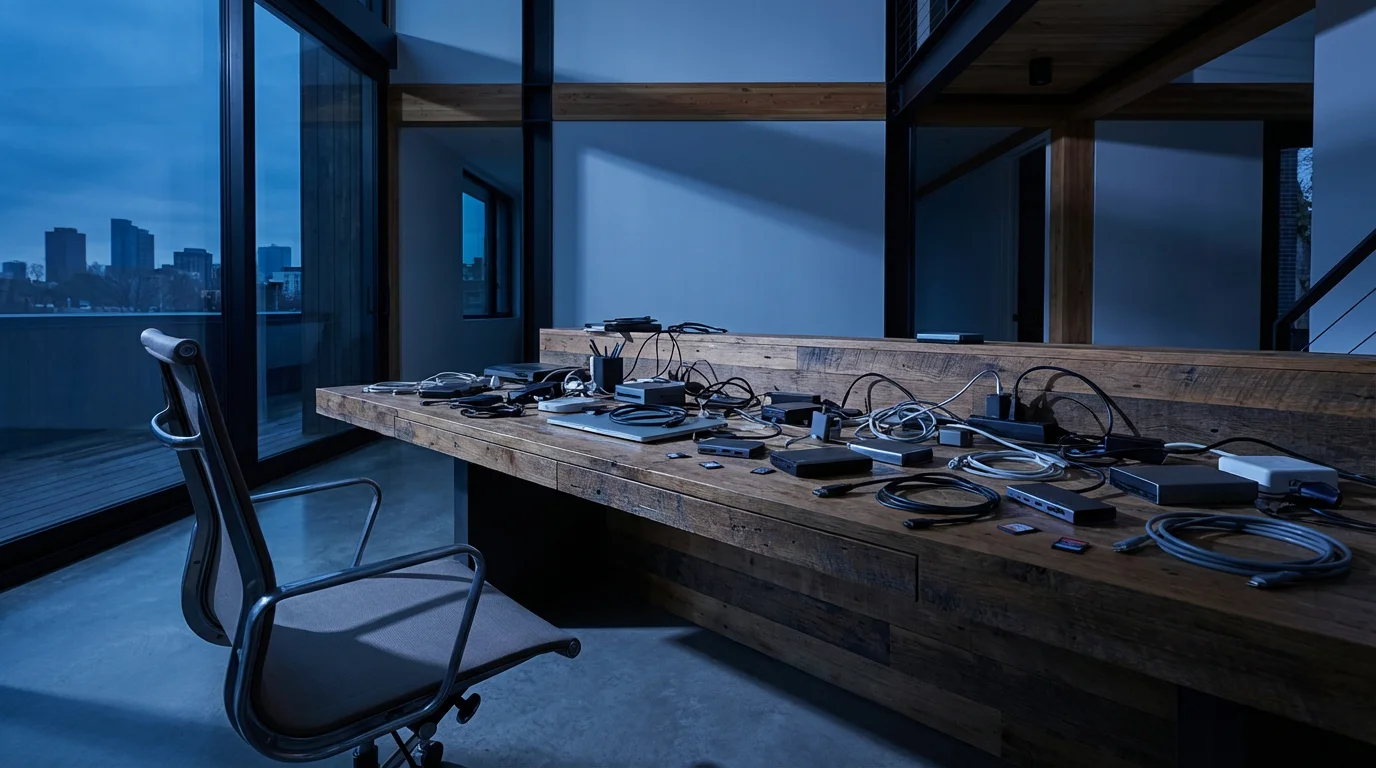 Tangled wires, old hard drives, and digital clutter covering a desk in a dark office during blue hour.