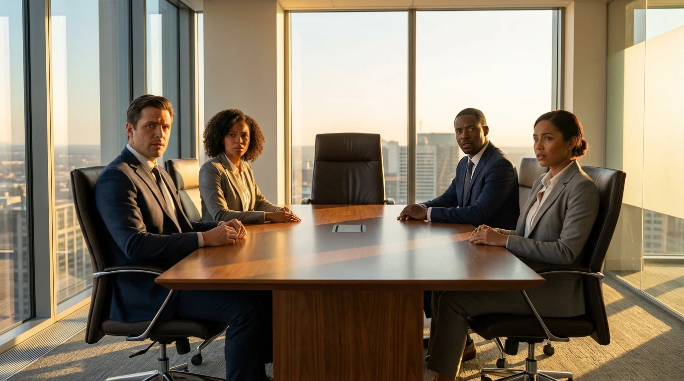 Team looking confused at an empty chair in a meeting room during golden hour.