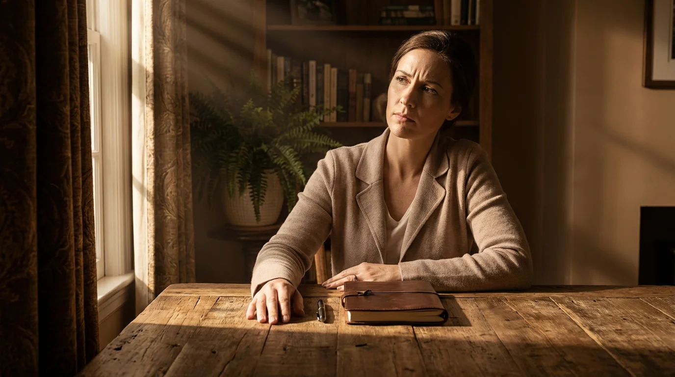 Thoughtful woman sitting at a desk with a journal during a moody afternoon.