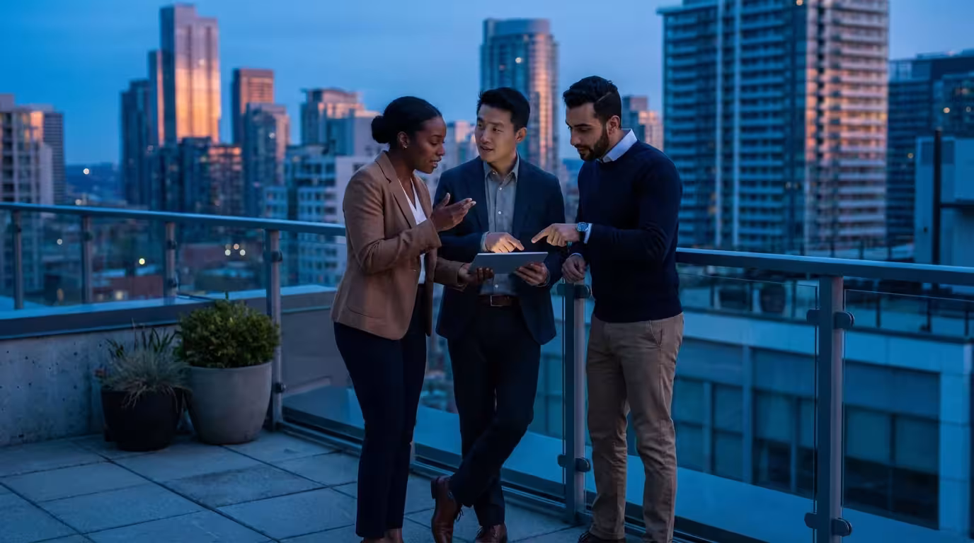 Three friends discussing plans on a city rooftop at dusk, low angle view.