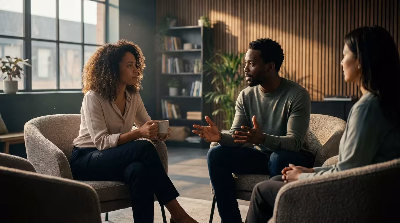 Three friends sitting in a sunlit lounge having a serious discussion during an afternoon meeting