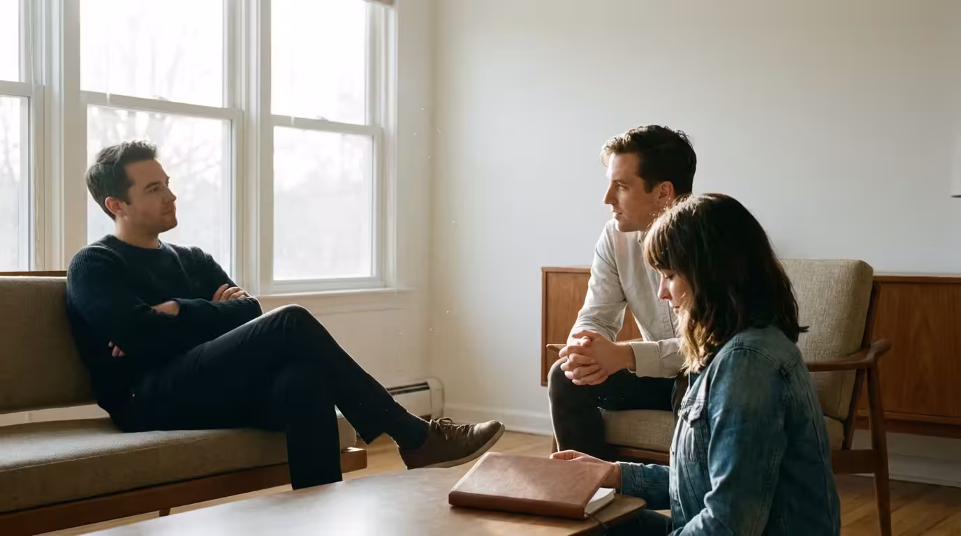 Three people in a tense discussion sitting in a sunlit modern living room.