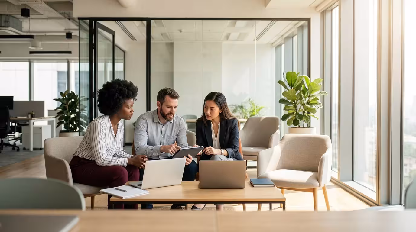 Three professionals collaborating with laptops in a sunlit modern office breakout area.