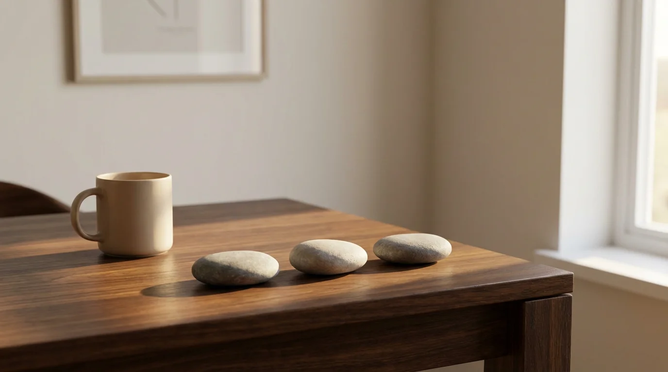 Three smooth stones lined up on a dark wood desk, symbolizing consistent habit stacking and routine design.