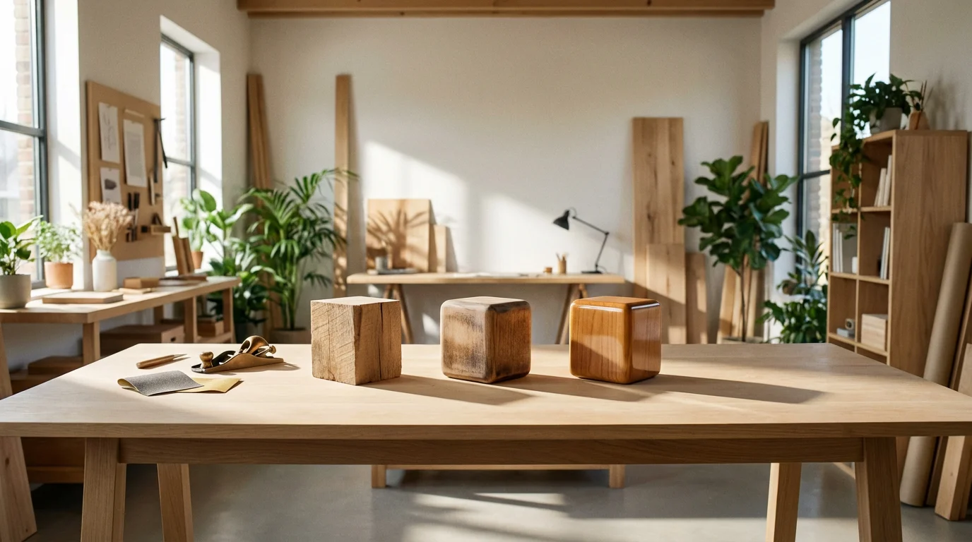 Three wooden prototypes showing the progression from raw material to a finished, polished product.