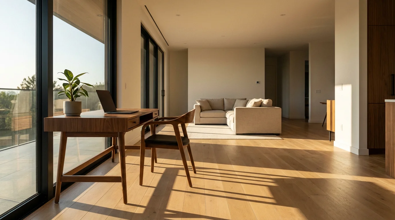 Tidy home office desk in a sunlit modern living room during golden hour.