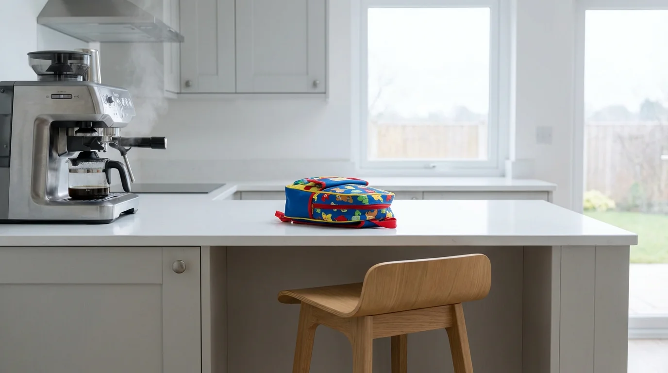 Tidy kitchen counter with coffee brewing and a child's backpack ready on a stool